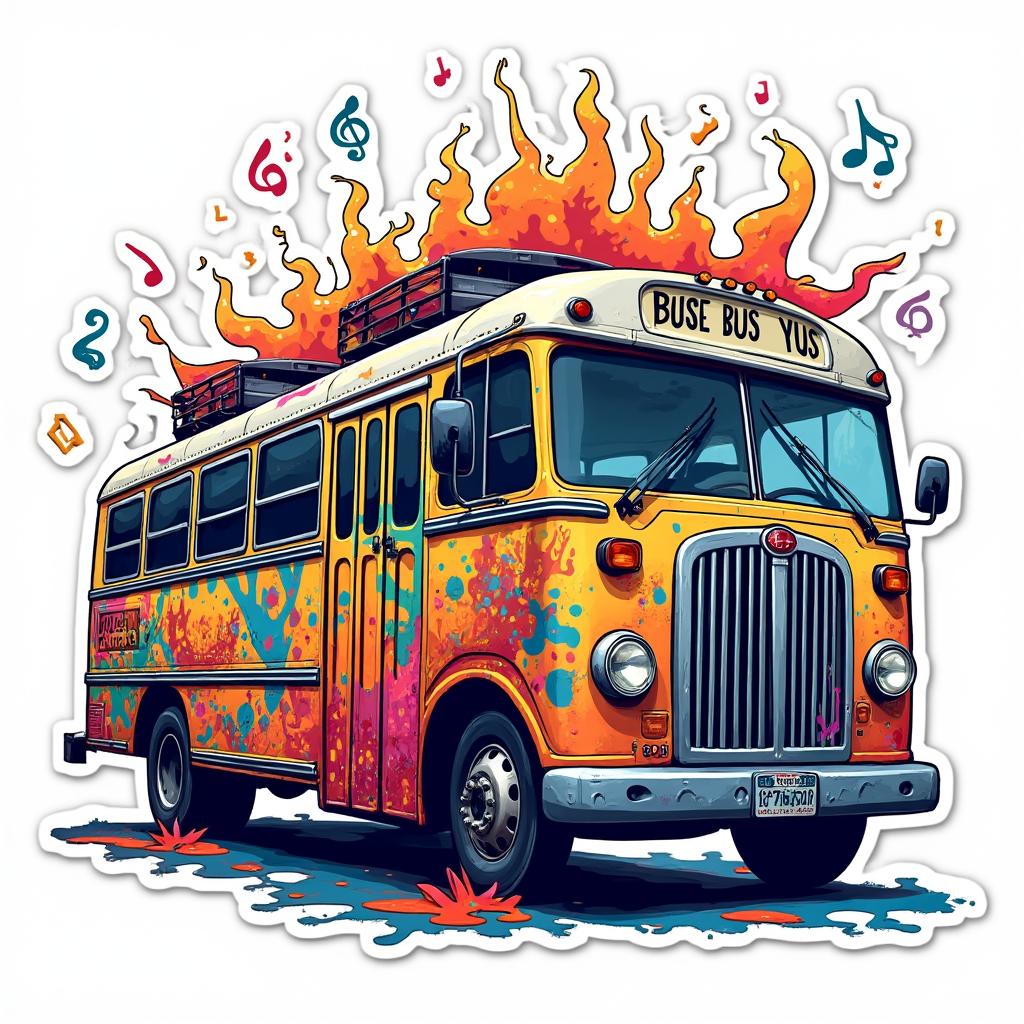 Graffiti-style bus with street art and musical notes