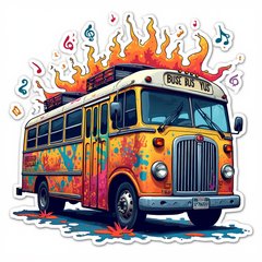 Graffiti-style bus with street art and musical notes