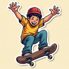 Pop culture sticker of a skater celebrating after landing a trick