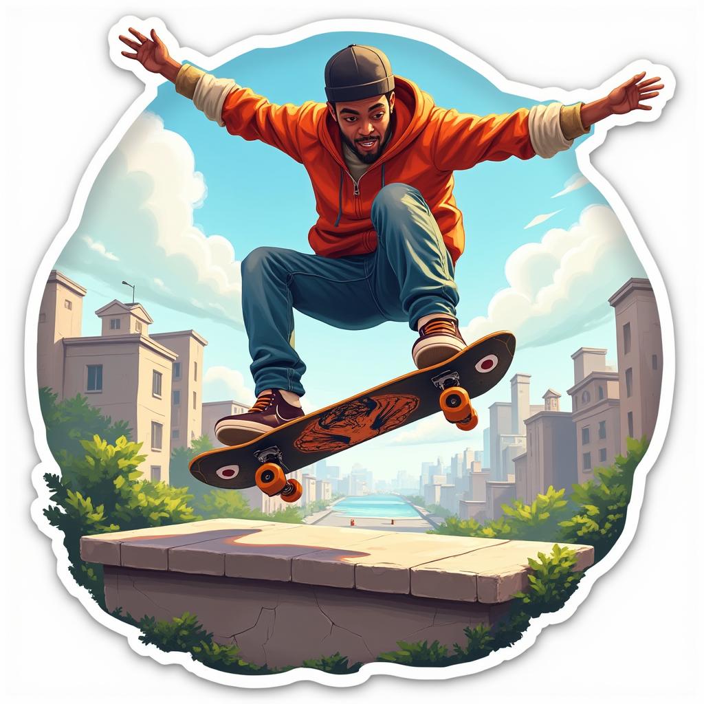 3D rendered skater performing a trick in mid-air with city background