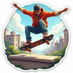 3D rendered skater performing a trick in mid-air with city background