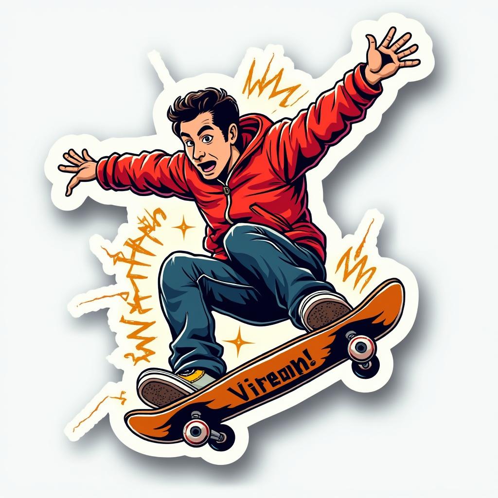 Comic book sticker of a skater in victory pose with action lines