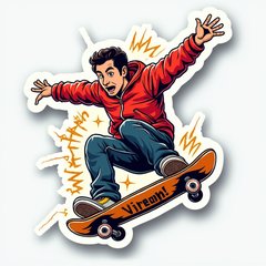 Comic book sticker of a skater in victory pose with action lines