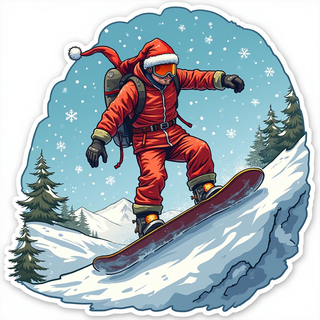 Pop culture snowboarder in festive clothes riding down a holiday-themed mountain