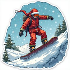Pop culture snowboarder in festive clothes riding down a holiday-themed mountain