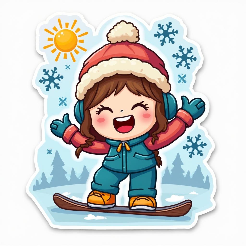Emoji-style snowboarder with happy face and snowflakes