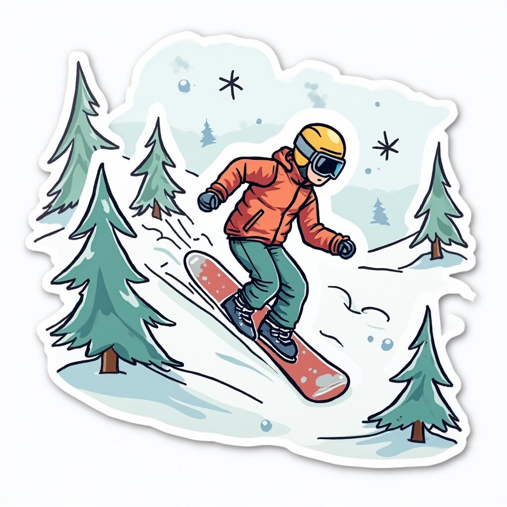 Doodle-style snowboarder on slopes with whimsical snowflakes