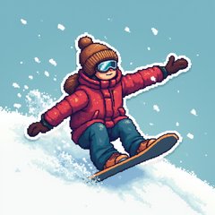 Pixel art snowboarder sliding down a snowy hill with pixel snowflakes