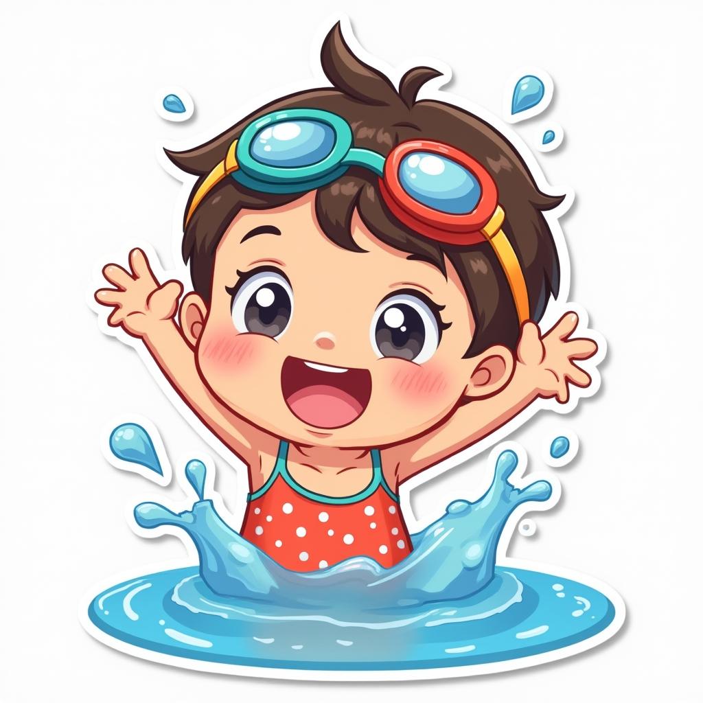 Kawaii character with goggles and swimmies happily splashing in a pool