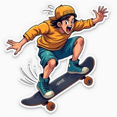 Anime skater doing a trick on a skateboard with an excited expression