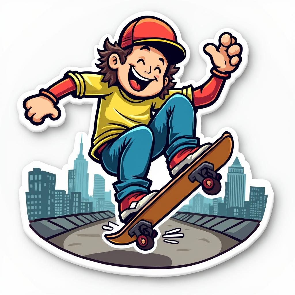 Cartoon skateboarder performing a kickflip with a smiling face