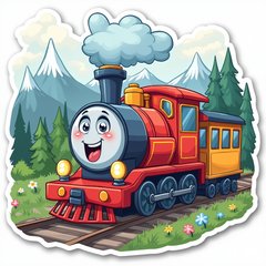 Kawaii cheerful train with big eyes traveling through a colorful landscape