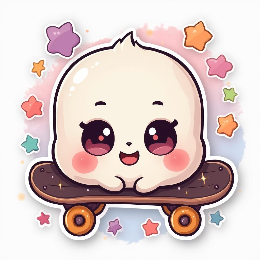 Kawaii skateboard character with big eyes and stars around
