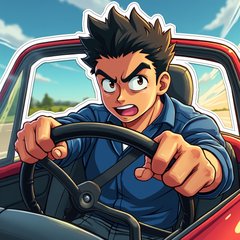 Anime driver with intense expression in a speeding car, surrounded by speed lines