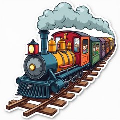 Cartoon train speeding with happy passengers waving from the windows
