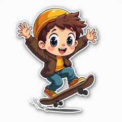 Chibi skateboarder jumping in joy after landing a trick