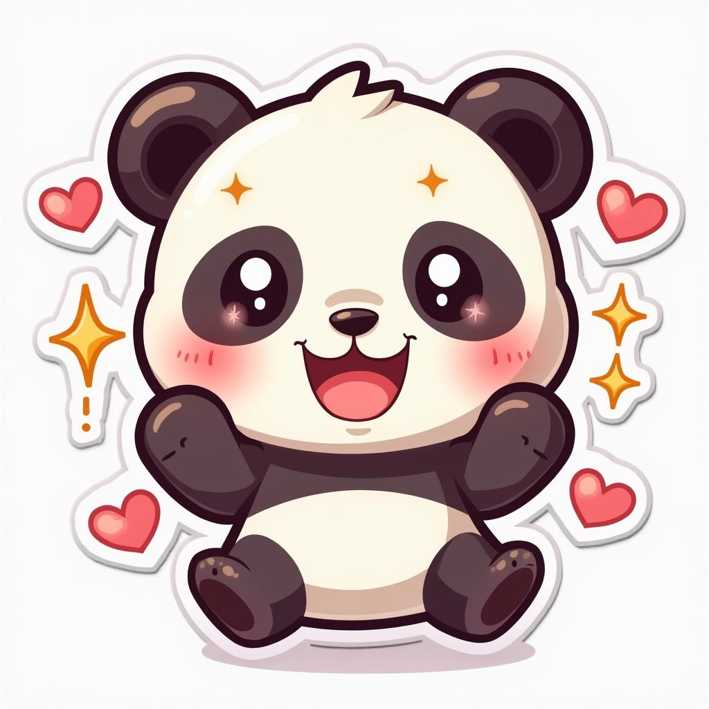 Kawaii panda with sparkling eyes and hearts around it