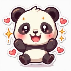 Kawaii panda with sparkling eyes and hearts around it