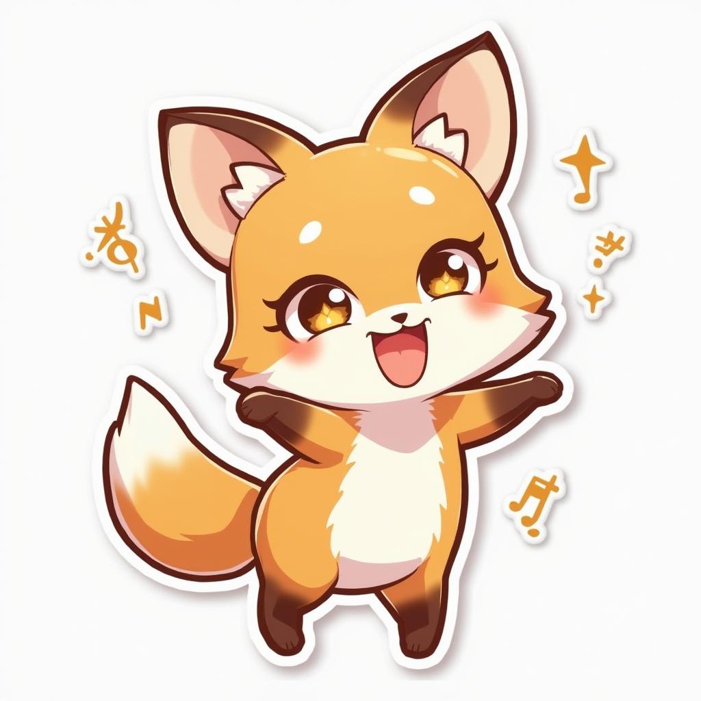 Anime style happy fox dancing with musical notes