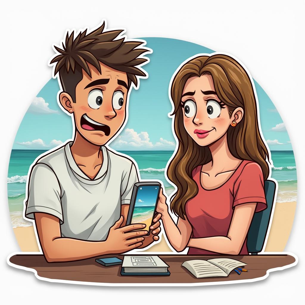 Distracted boyfriend staring at a beach vacation on phone while girlfriend is annoyed