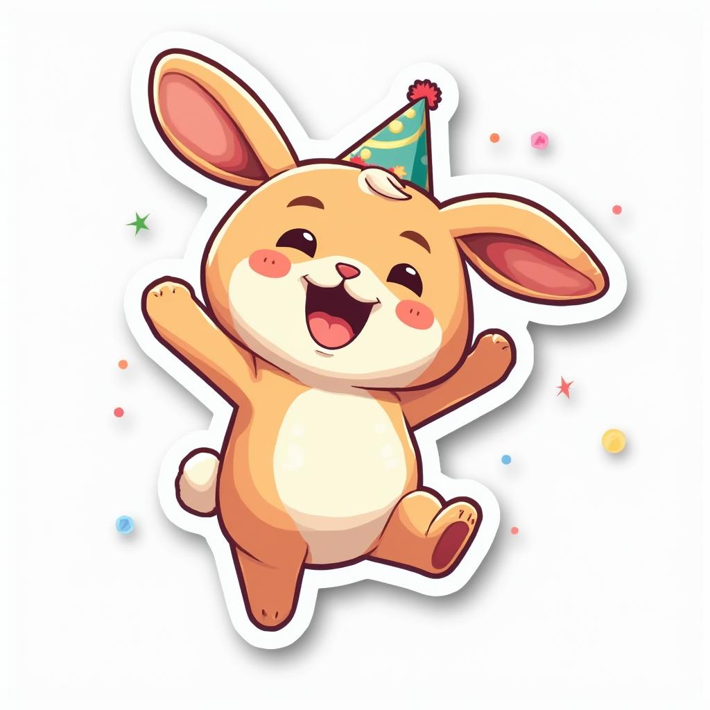 Cartoon rabbit jumping happily with a party hat and confetti