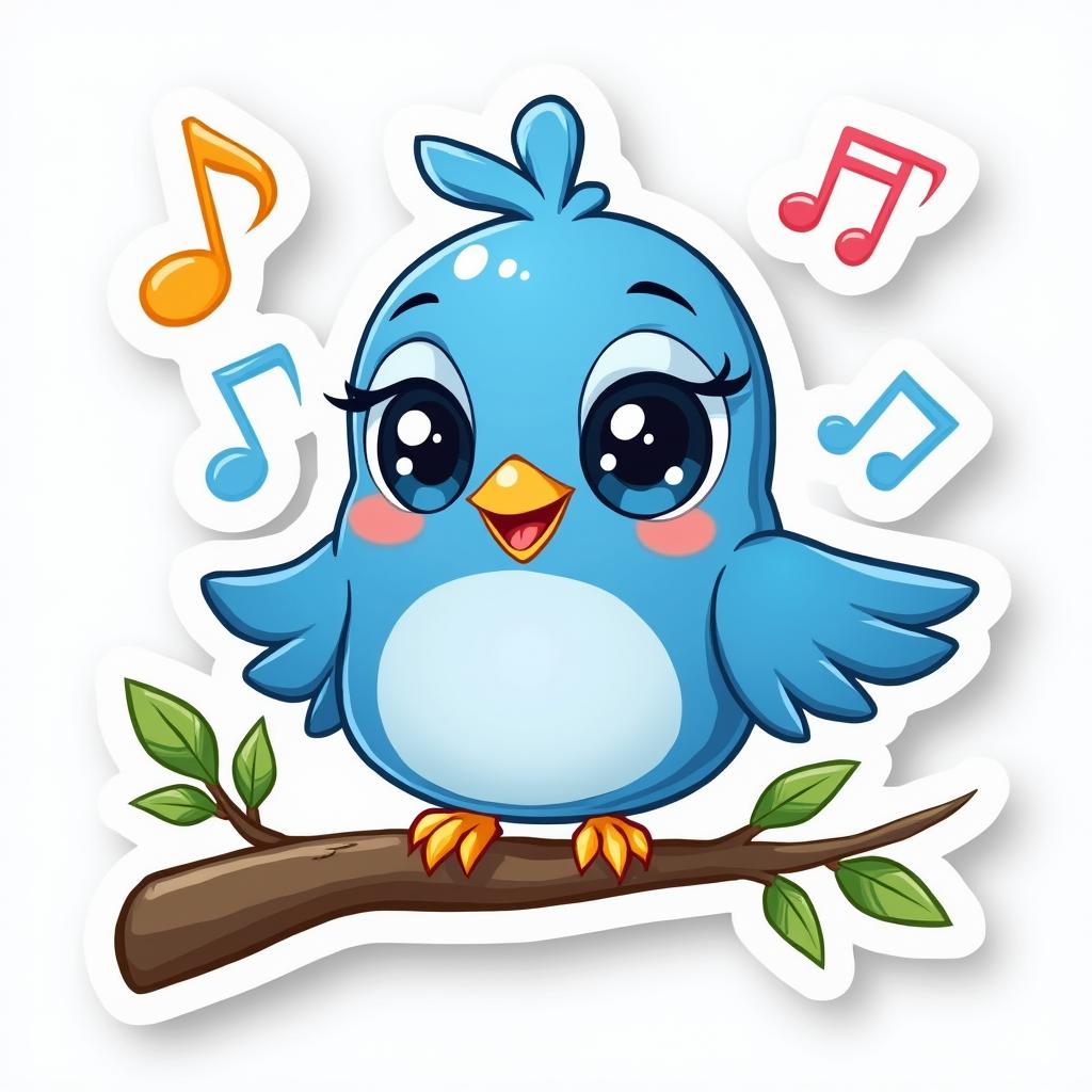 Kawaii bluebird with sparkling eyes and a smile, surrounded by musical notes