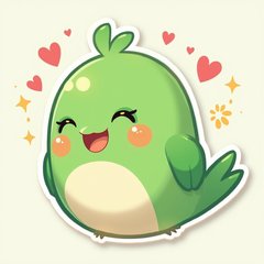 Emoji-style bright green bird with a happy face and hearts