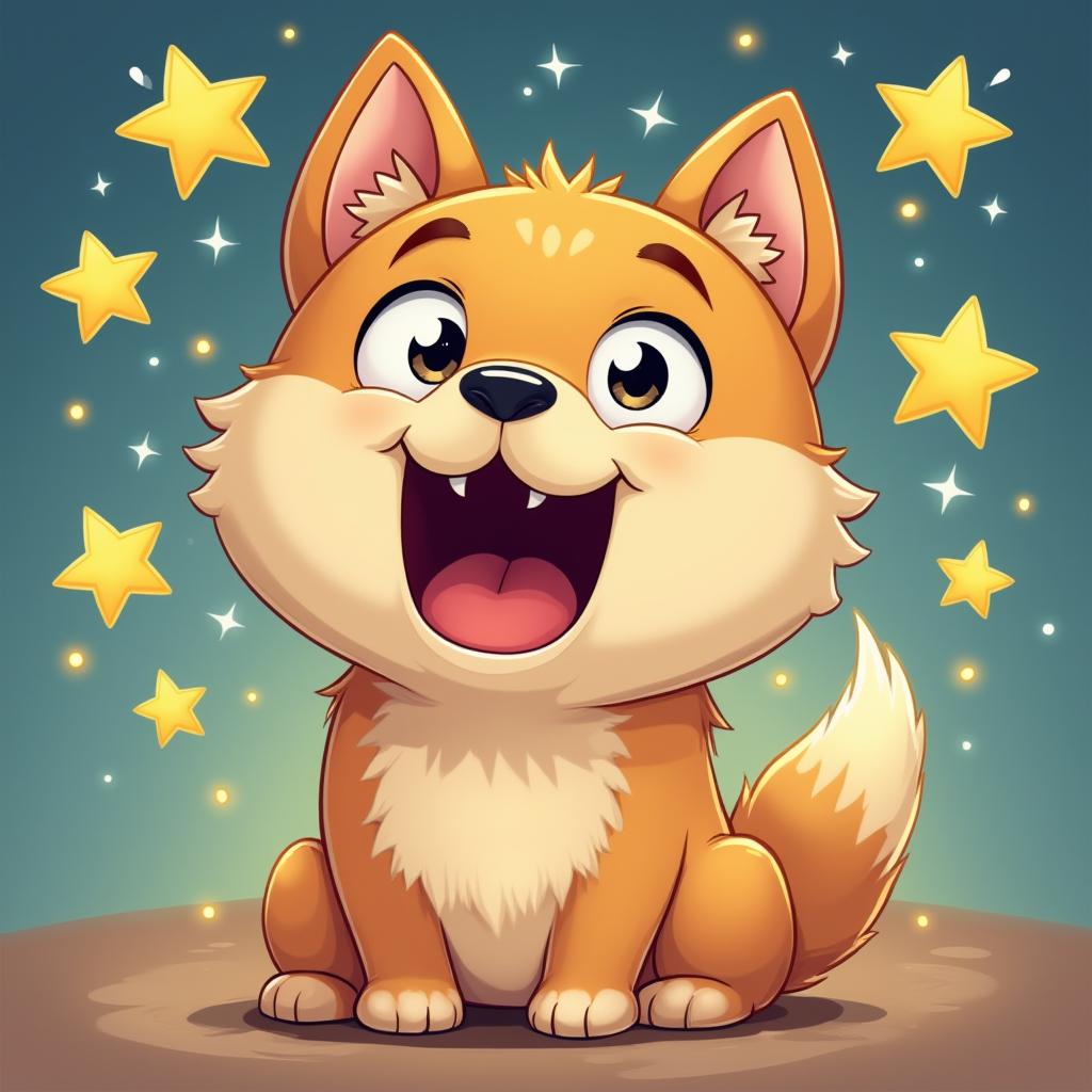 Cartoon Doge with a big smile, stars, and sparkles around