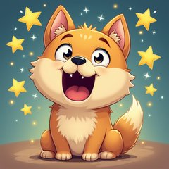 Cartoon Doge with a big smile, stars, and sparkles around