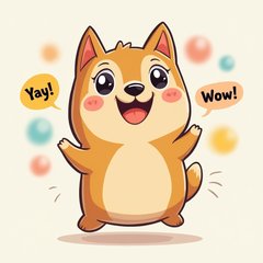 Kawaii Doge with big eyes and a grin, bouncing with joy and colorful speech bubbles