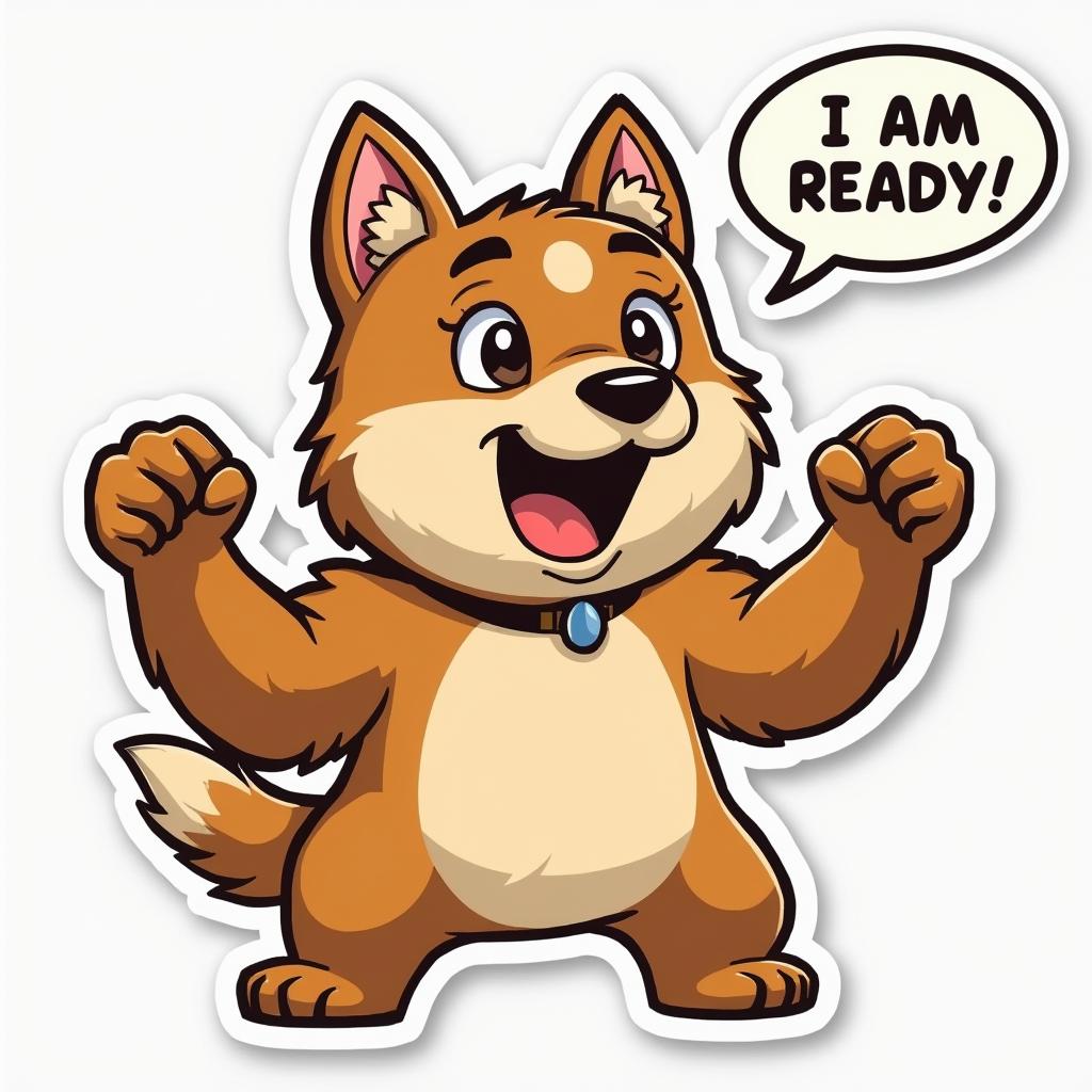 Comic book style Doge flexing with speech bubble 'I am ready!'