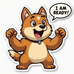 Comic book style Doge flexing with speech bubble 'I am ready!'