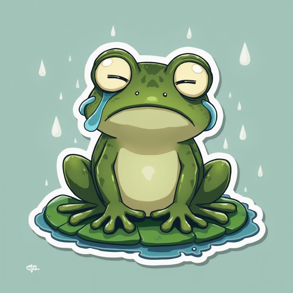 Anime sad frog with teary eyes sitting on a wet lily pad