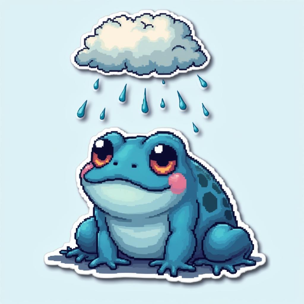 Pixel art sad frog under a rain cloud with a droopy face