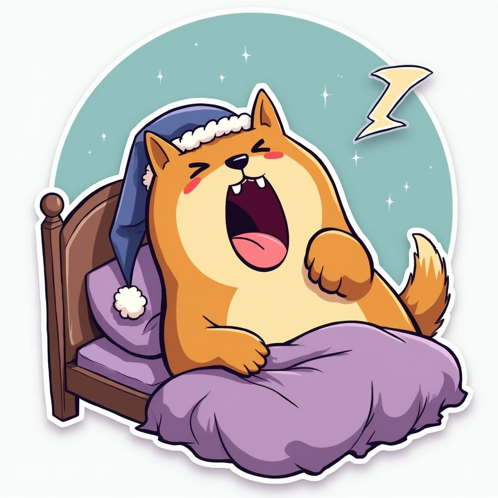 Cartoon Doge yawning in a cozy bed with a nightcap