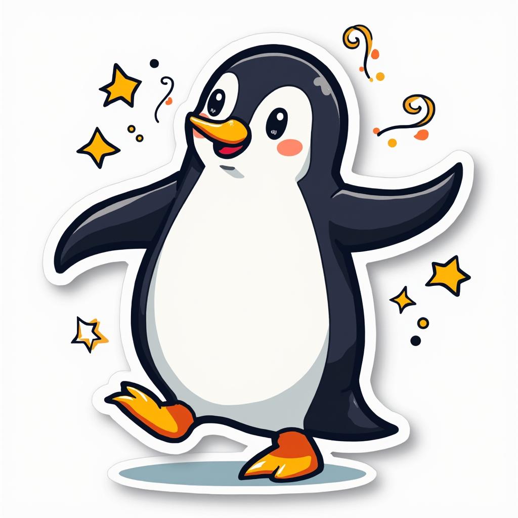 Doodle penguin dancing with whimsical swirls and stars