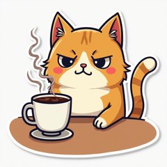 Cartoon grumpy cat at a table with coffee looking annoyed