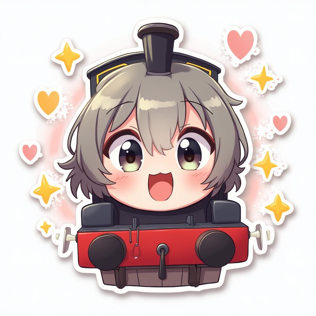 Anime-style adorable train character with large eyes and sparkles