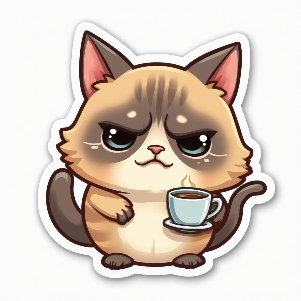 Emoji-style grumpy cat with coffee cup and steam