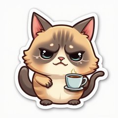 Emoji-style grumpy cat with coffee cup and steam