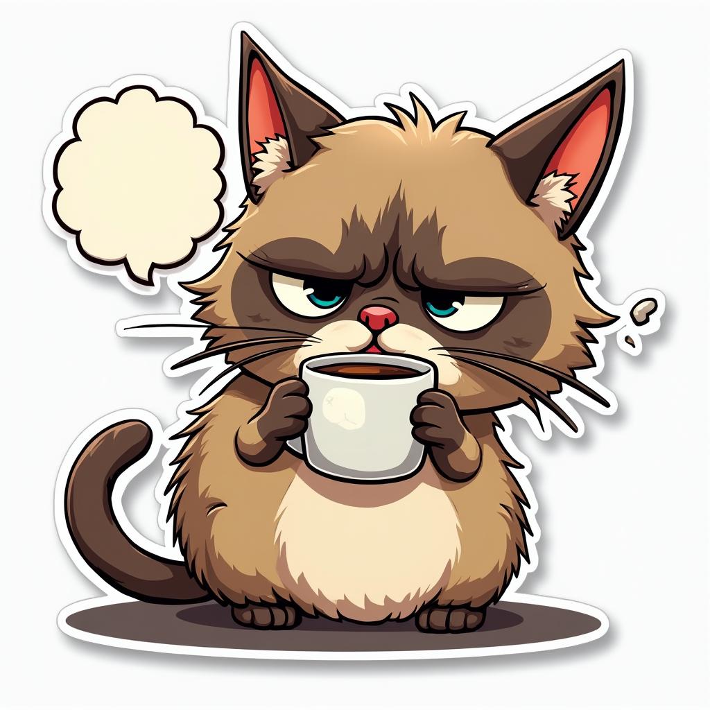 Comic book-style grumpy cat dramatically drinking coffee with speech bubbles