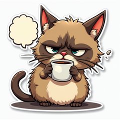 Comic book-style grumpy cat dramatically drinking coffee with speech bubbles
