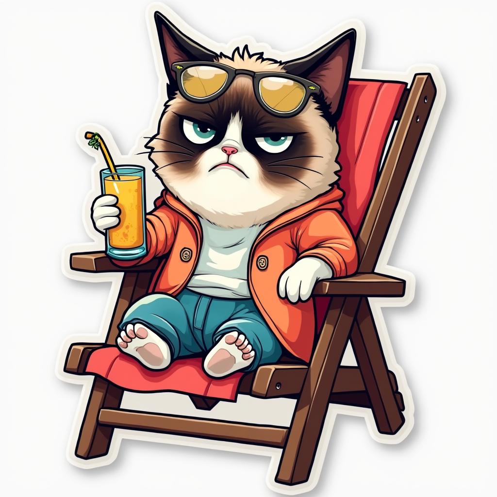 Pop culture grumpy cat on a beach chair with cocktail looking unimpressed