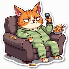 Cartoon grumpy cat in pajamas on a sofa with snacks and remote