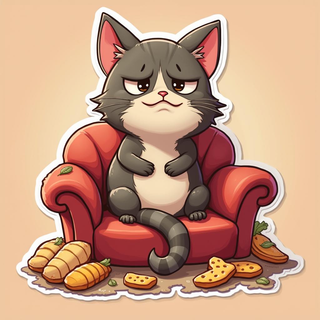 3D rendered grumpy cat sitting on a couch with snacks looking displeased