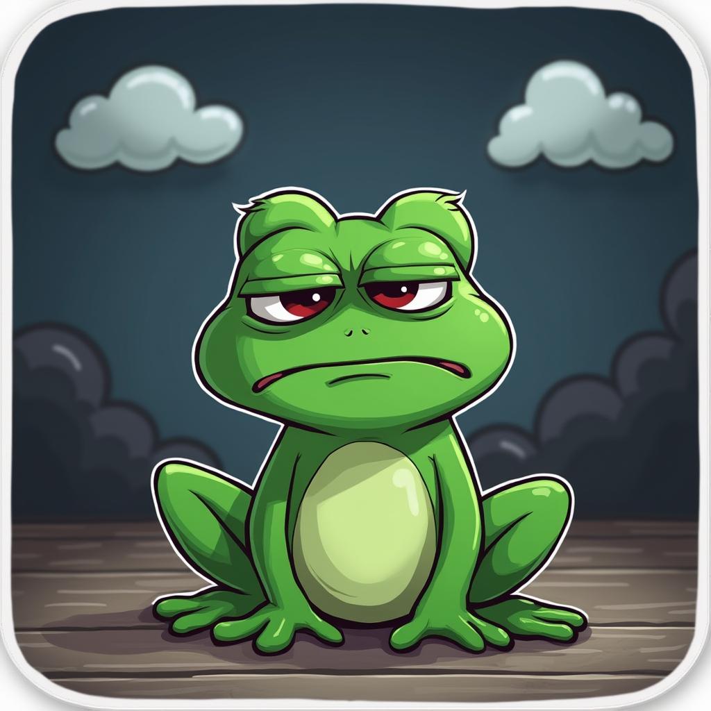 Cartoon Pepe the Frog frowning in a gloomy room with dark clouds
