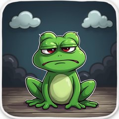 Cartoon Pepe the Frog frowning in a gloomy room with dark clouds