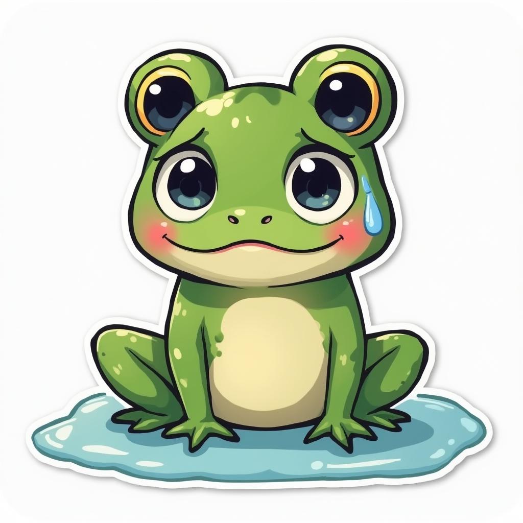 Kawaii Pepe the Frog with big teary eyes sitting in a puddle of tears