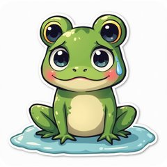 Kawaii Pepe the Frog with big teary eyes sitting in a puddle of tears