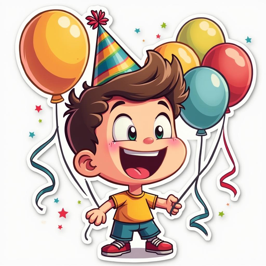 Cartoon Chad wearing a party hat surrounded by balloons
